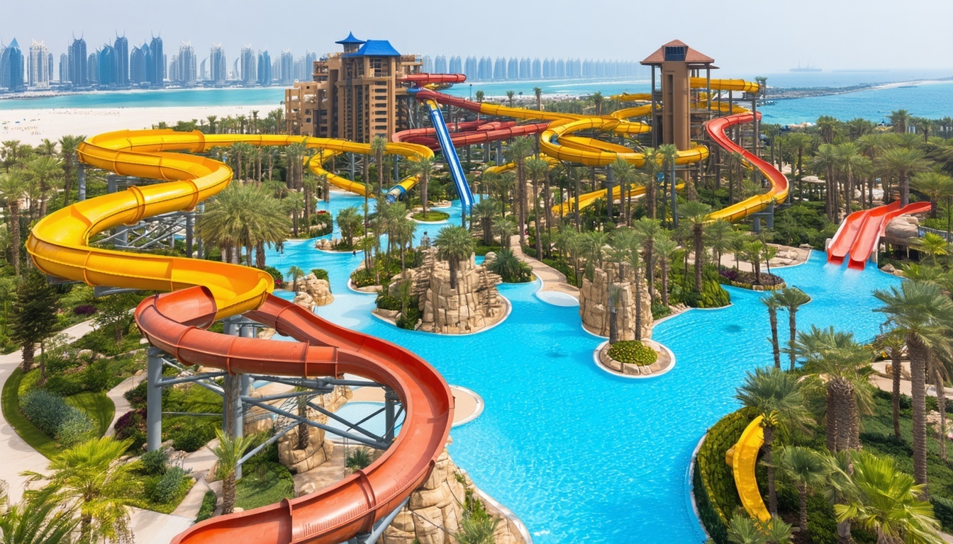 Aerial view of Aquaventure World Dubai with water slides and pools