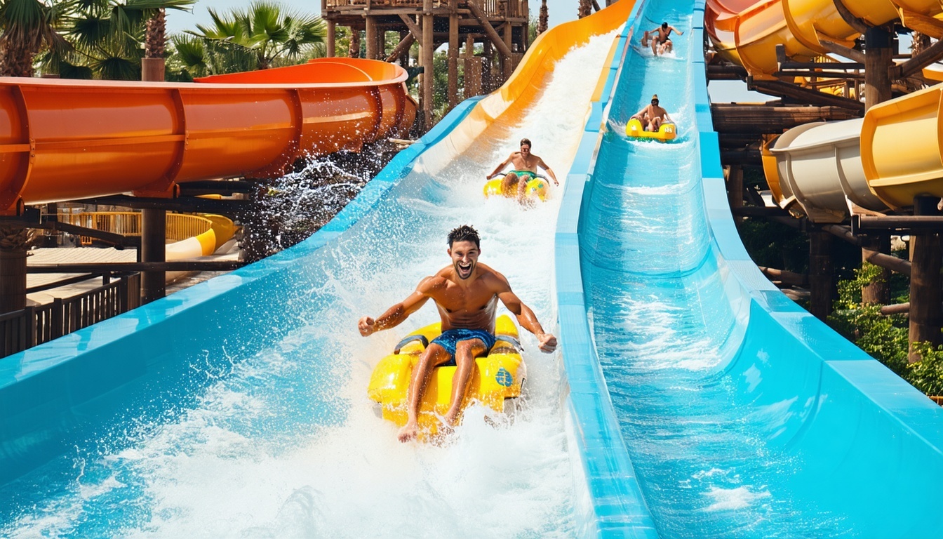 Visitors enjoying water slides at Aquaventure World Dubai