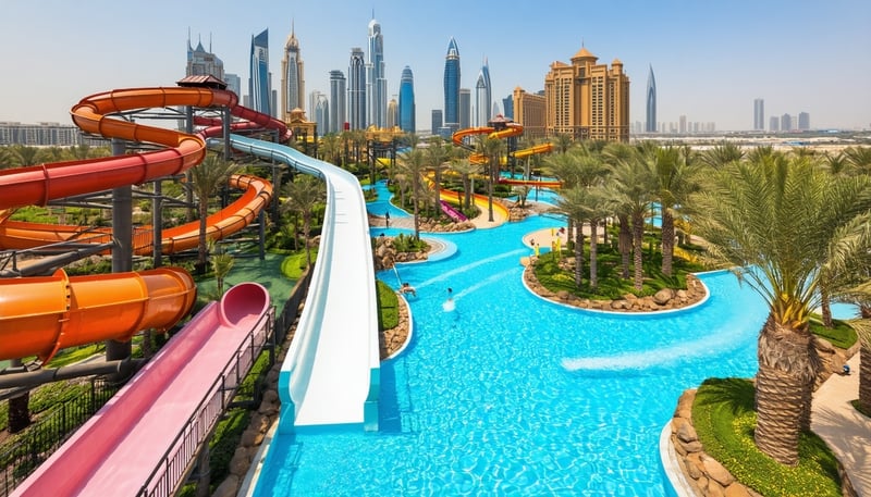 Aerial view of Aquaventure World Dubai with waterslides and attractions at Atlantis The Palm. Aerial view of Aquaventure World Dubai with waterslides and attractions at Atlantis The Palm.