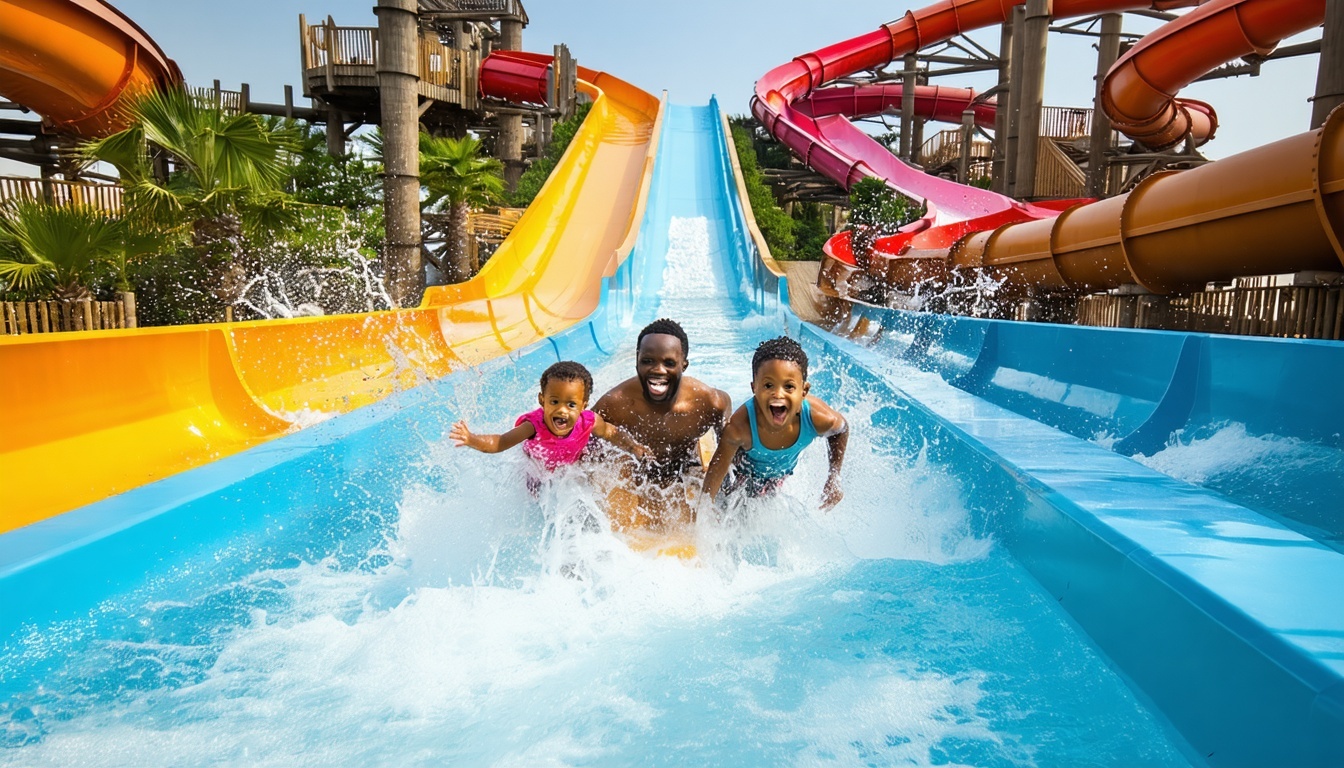 Family enjoying water slides at Aquaventure World Dubai